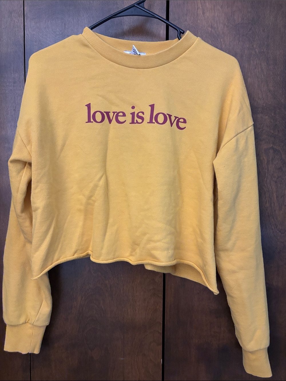 Forever 21 Mustard Yellow Cropped Crewneck with Maroon 'love is love' Print